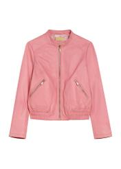 Ružová dámska kožená bunda KURDS-0575-5B(W26), pohľad spredu na bielom pozadí.