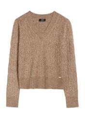 Dámsky hnedý sveter SWEDT-0237-84(Z25), pohľad na produkt spredu na bielom pozadí.