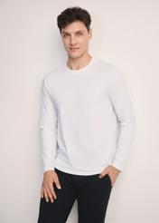Pánska biela blúzka s dlhým rukávom LSLMT-0008-11(Z25), pohľad spredu na produkt na modelke. Viditeľná polovica siluety.
