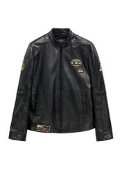 Pánska čierna kožená bunda KURMS-0301A-99(W26) - pohľad spredu na produkt, na bielom pozadí.