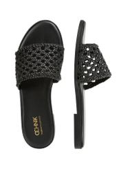 Dámske čierne pletené žabky BUTYD-1253-99(W26), pohľad na produkt zhora na bielom pozadí.