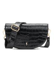 Čierna kožená polkruhová kabelka cez rameno s krokodílím vzorom TORES-1230-9G(W26), pohľad spredu na bielom pozadí.