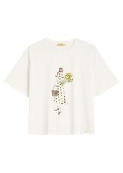 Dámske krémové tričko s potlačou TSHDT-0161-0B(W26), pohľad spredu na bielom pozadí.