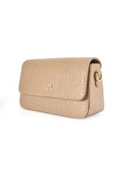 Malá béžová dámska kabelka v krokodílej farbe TOREC-1171-1B(W26) - diagonálny pohľad na produkt, na bielom pozadí.