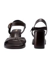 Tmavohnedé kožené sandále na blokovom podpätku BUTYD-1232-1I(W26), pohľad na produkt spredu a zozadu na bielom pozadí.