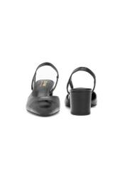 Čierne kožené lodičky s otvoreným podpätkom BUTYD-1173-99(W26), pohľad spredu a zozadu na výrobok na bielom pozadí.