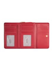 Veľká dámska kožená peňaženka červenej farby PORES-0801R-4B(W26), pohľad na produkt vo vnútri na bielom pozadí.