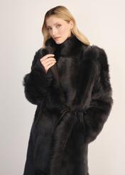 Dámsky hnedý obojstranný kožený kabát z ovčej kože KOZDS-0088-3096(Z25) - pohľad spredu na bielom pozadí. Viditeľná polovičná silueta.