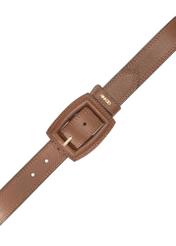 Dámsky opasok z hnedej kože PASDS-0272-1D(W26), pohľad zhora na výrobok na bielom pozadí.