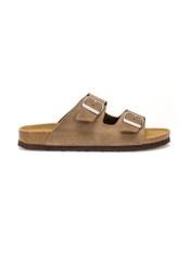 Pánske kožené žabky v chladnej béžovej farbe BUTYM-0495-1K(W26), bočný pohľad na produkt na bielom podklade.