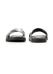 Pánske čierne kožené žabky BUTYM-0536-99(W26), pohľad na produkt spredu a zozadu na bielom pozadí.