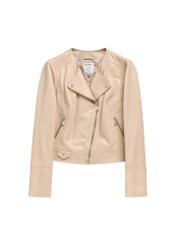 Béžová dámska kožená motorkárska bunda KURDS-0273-1B(KS) - pohľad spredu na produkt, na bielom pozadí.