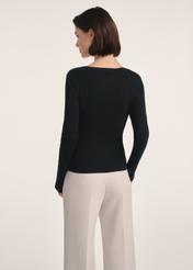 Čierna dámska blúzka s dlhým rukávom LSLDT-0051-99(Z25), pohľad na produkt zozadu na modelke. Viditeľná polovica siluety.