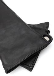 Dlhé čierne kožené dámske rukavice REKDS-0082A-99(Z25), detail produktu, pohľad na bielom pozadí.