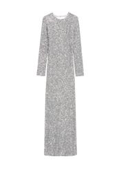 Dlhé strieborné dámske šaty s flitrami SUKDT-0249-92(Z25), pohľad na produkt spredu na bielom pozadí.