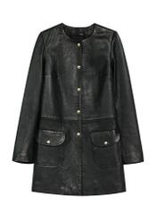 Čierna dámska kožená bunda KURDS-0583-99(W26), pohľad spredu na bielom pozadí.