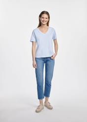 Svetlomodré dámske basic tričko TSHDT-0120-60(W25), fotografia vpredu na modelke na bielom pozadí. Viditeľná polovica siluety.