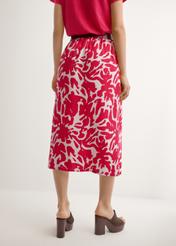 Ružová viskózová midi sukňa SPCDT-0129-5P(W26), pohľad na modelku zozadu. Viditeľná polovica siluety.