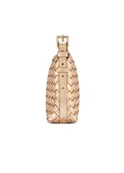 Dámska kožená kabelka s pleteným vzorom zlatej farby TORES-1292-2X(W26) - bočný pohľad na produkt, na bielom pozadí.