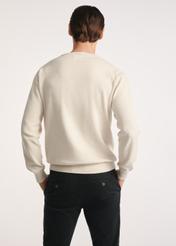 Béžový bavlnený pánsky sveter SWEMT-0114A-80(Z25), pohľad na produkt zozadu na modelke, viditeľná polovica siluety.