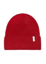 Červená dámska čiapka s merino vlnou CZADT-0178A-4B(Z26), pohľad na produkt spredu na bielom pozadí.