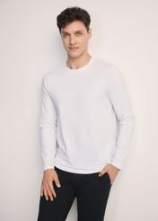 Pánska biela blúzka s dlhým rukávom LSLMT-0008-11(Z25), pohľad spredu na produkt na modelke. Viditeľná polovica siluety.