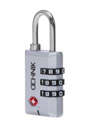 Strieborný kombinovaný zámok TSA AW-015-0002-92(W25), diagonálny pohľad na produkt na bielom pozadí.