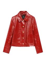 Červená krátka dámska bunda KURDS-0612-4B(W26), pohľad spredu na bielom pozadí.