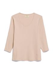 Dámska béžová blúzka s výstrihom do V LSLDT-0036-1A(W26) - pohľad spredu na produkt, na bielom pozadí.