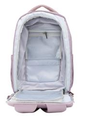 Ružový batoh PLCMN-0014A-31(Z25), pohľad na otvorený produkt spredu na bielom pozadí.
