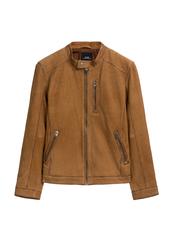 Pánska tmavobéžová semišová bunda KURMS-0398-1C(W26), pohľad spredu na bielom pozadí.