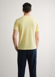 Pánske žlté bavlnené tričko TSHMT-0136-2B(W26), pohľad na produkt zozadu na modelke. Viditeľná polovica siluety.