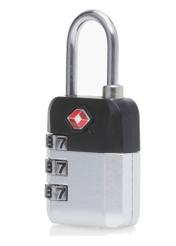 Strieborný kombinovaný zámok TSA AW-015-0004-92(W25), diagonálny pohľad na produkt na bielom pozadí.