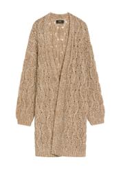 Dámsky dlhý kardigan v ťavej farbe KARDT-0055-24(Z25), pohľad na produkt spredu na bielom pozadí.