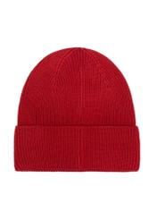 Červená dámska čiapka s merino vlnou CZADT-0178A-4B(Z26), pohľad na produkt zozadu na bielom podklade.