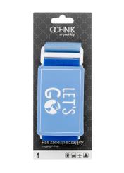 Batožinový pás v modrej farbe AW-011-0002-7B(W26), pohľad spredu na výrobok v balení na bielom pozadí.