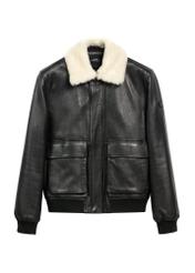 Čierna pánska kožená bomber bunda KURMS-0378-2745(Z25), pohľad na produkt spredu na bielom pozadí.