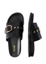 Dámske čierne kožené šľapky BUTYD-1269-99(W26), pohľad na produkt zhora na bielom pozadí.