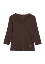 Hnedá dámska blúzka s výstrihom do V LSLDT-0036-1I(W26) - pohľad spredu na bielom pozadí.