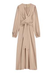 Béžové midi šaty SUKDT-0263-1B(W26) - pohľad spredu na produkt, na bielom pozadí.