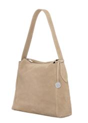 Cool beige suede shoulder bag TORES-1406-1K(Z26), diagonal product view on white background.