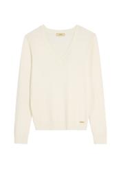 Krémový sveter s výstrihom do V SWEDT-0201-0B(W26), pohľad spredu na bielom pozadí.