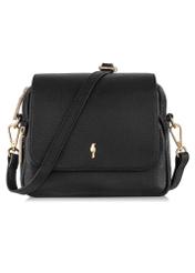 Čierna malá kožená dámska kabelka TORES-0958E-9I(W26), pohľad spredu na bielom pozadí.