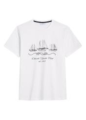 Pánske biele tričko s potlačou TSHMT-0151-0B(W26), pohľad na produkt spredu na bielom pozadí.