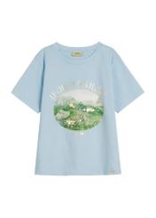 Modré dámske tričko s potlačou TSHDT-0159-7A(W26) - pohľad na produkt spredu, na bielom pozadí.