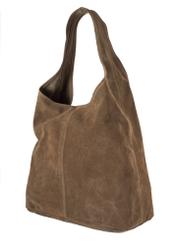 Dámska semišová nákupná taška khaki TORES-1177-57(Z25), diagonálny pohľad na produkt na bielom pozadí.