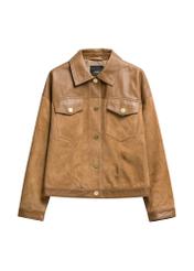 Dámska béžová kožená bunda KURDS-0572-1B(W26), pohľad spredu na bielom pozadí.