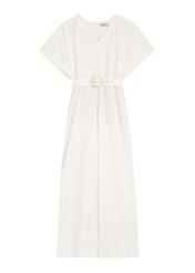 Dámsky krémový overal KOBDT-0013-0B(W26), pohľad spredu na bielom pozadí.