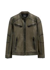 Pánska khaki kožená bunda KURMS-0403-8D(W26) - pohľad spredu na produkt, na bielom pozadí.