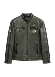 Pánska khaki kožená bunda KURMS-0399-8D(W26) - pohľad spredu na produkt, na bielom pozadí.